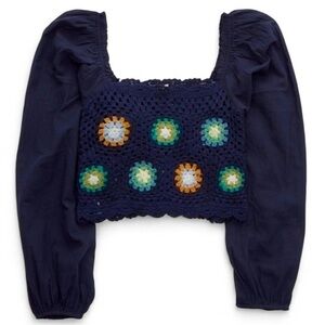 AERIE Crochet Puff Sleeve Crop Top Size Medium Navy Blue Square Floral